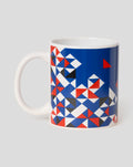 Blue Rangers FC particle mug featuring a bold geometric triangle pattern and white handle.