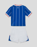 Rangers 2026/27 home baby kit featuring royal blue striped jersey with white piping, white shorts and matching socks