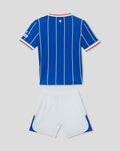 Rangers 2026/27 home infant kit front view showing blue striped shirt and white shorts as part of the three piece set