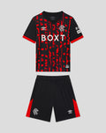 Close up of Rangers infant third kit sleeve with BOX BOILERS sponsor on black and red fabric.