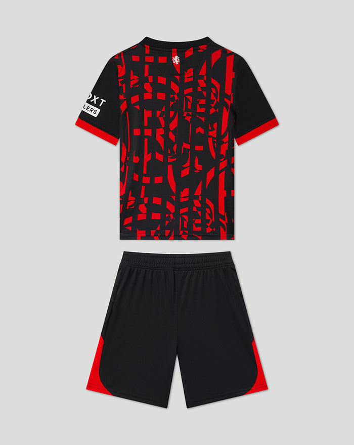 Rangers infant third kit laid out with black and red patterned shirt and matching black shorts.