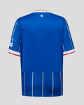 Back view of royal blue Rangers junior home shirt with pinstripes and white collar trim with red edging.