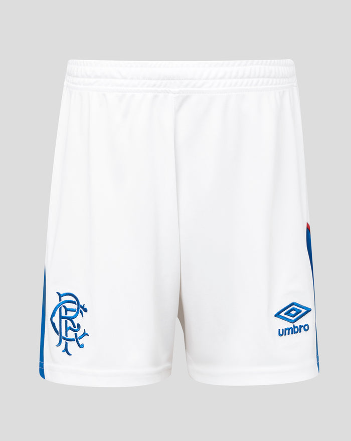 White Rangers junior home shorts with blue side panels, crest on left leg and Umbro logo on right.