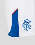 Side close-up of white Rangers shorts with blue panel and embroidered crest at the hem.