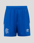 Royal blue Rangers junior home shorts with a white side panel and embroidered crest on the left leg, plus the Umbro logo on the right.