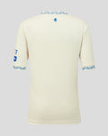 Back view of off-white Rangers junior away shirt with blue ribbed collar and crest near the neckline.