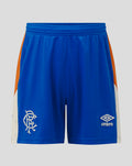 Front view of Rangers junior away shorts in bright blue with orange side panels and white trim and crest on the leg