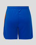 Back view of Rangers junior away shorts in blue with orange side panels and white trim