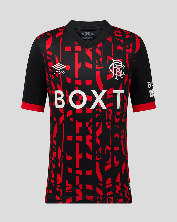 Rangers FC junior 2026/27 third shirt in black with red pattern and crest