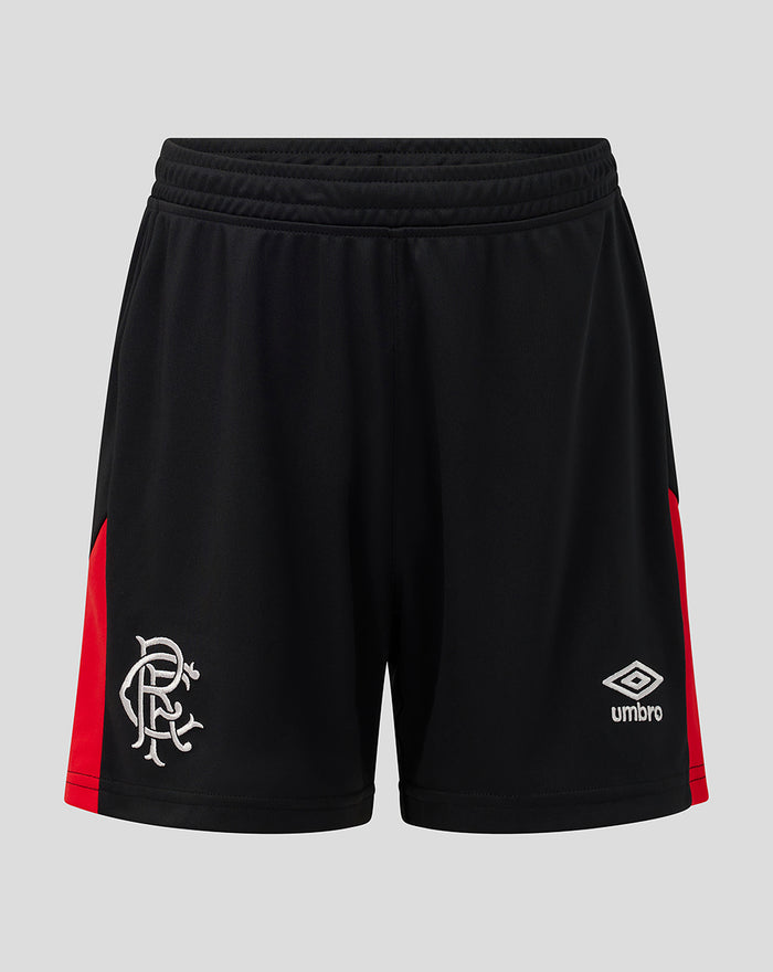 Rangers FC junior 2026/27 third shorts in black with red side panels, white crest on the left leg and Umbro logo on the right.