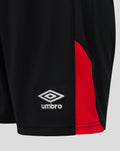 Close up of Rangers junior third shorts in black with a red side panel and Umbro logo