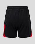 Back view of black Rangers FC junior shorts with red side panels and an elastic waistband.