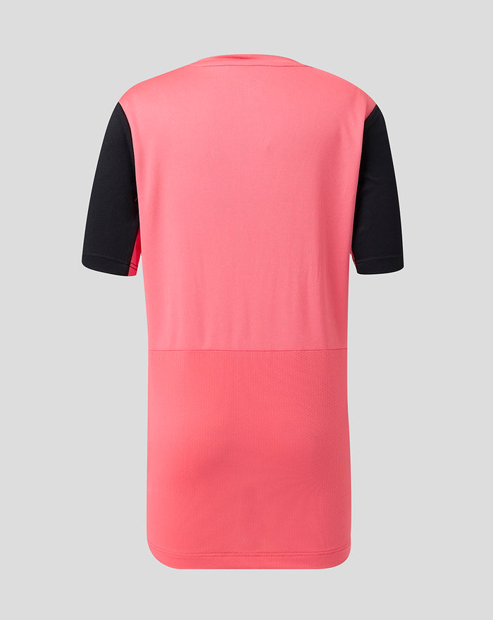 Back view of Rangers FC junior training T-shirt in Calypso Coral with navy sleeves