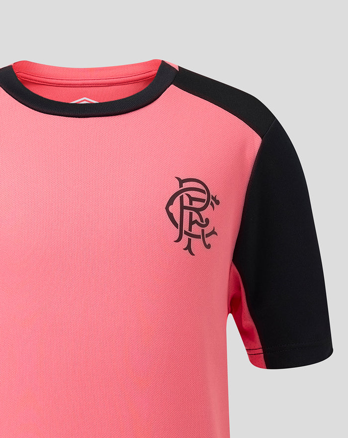 Front view of coral and navy Rangers FC junior training T shirt with crest on chest