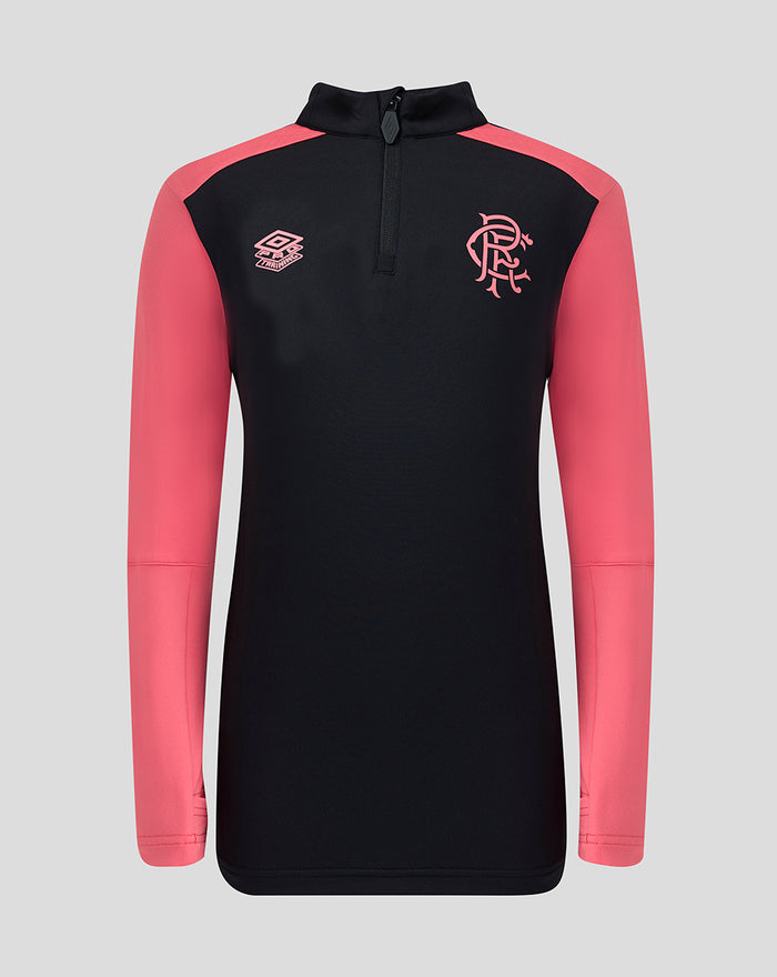 Rangers FC junior training quarter zip top in navy with coral sleeves and club crest on the chest
