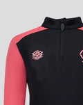 Close-up of collar and half zip on navy Rangers top with pink Umbro training logo on the chest