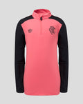 Front view of Calypso Coral and navy Rangers FC junior training top with a quarter zip and chest crest.