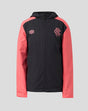 Front view of navy Rangers FC junior training shower jacket with coral sleeves and team crest on the chest.
