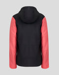 Back view of navy jacket with coral sleeves and hood for the Rangers FC junior training shower jacket.