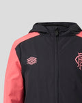 Close-up of the navy jacket chest showing Umbro training logo and Rangers crest with a front zipper and hood.