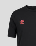 Close up of coral Umbro logo on the black Rangers FC Junior 2026/27 presentation T-shirt.