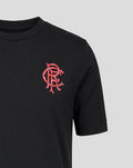 Close up of left chest coral logo on the black Rangers FC Junior 2026/27 presentation T-shirt.