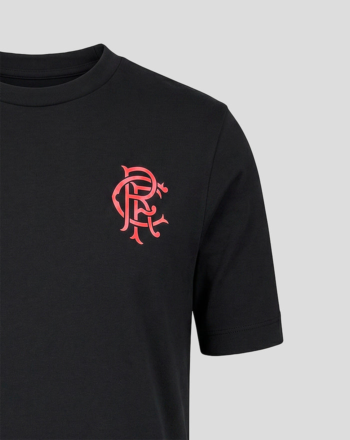 Close up of left chest coral logo on the black Rangers FC Junior 2026/27 presentation T-shirt.