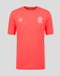 Front view of coral Rangers junior 2026/27 presentation T-shirt with white Umbro logo and club crest