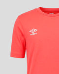 Close up of coral Rangers FC Junior 2026/27 presentation T-shirt with white Umbro logo on the chest