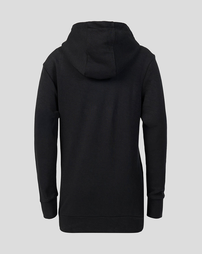 Back view of black Rangers FC junior 2026/27 presentation hoodie showing a clean silhouette and hood