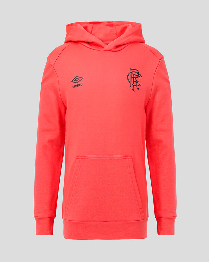 Rangers FC Junior 2026/27 Presentation Hoodie Calypso Coral front view with hood kangaroo pocket and black club crest