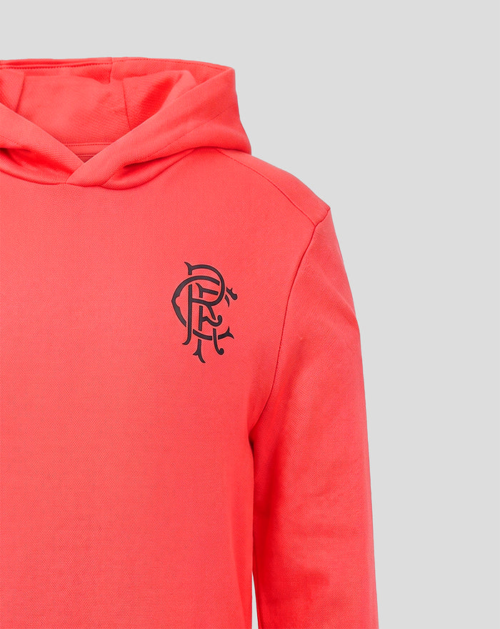Rangers FC junior presentation hoodie in coral with a dark crest on the chest and a visible hood