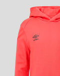 Close-up of coral Rangers FC hoodie chest area showing Umbro logo and textured fabric