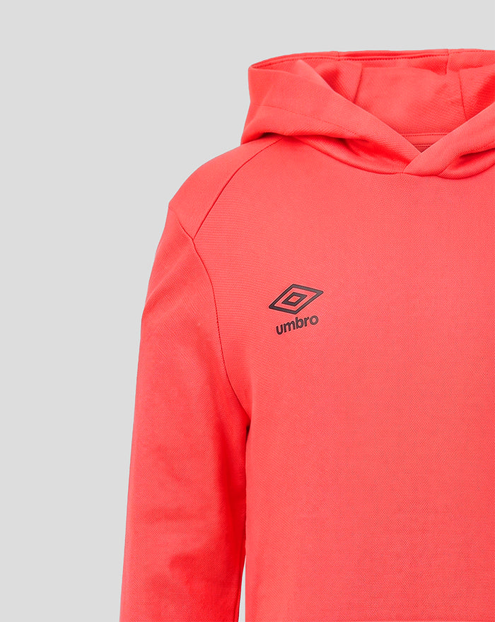 Close-up of coral Rangers FC hoodie chest area showing Umbro logo and textured fabric