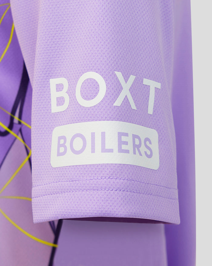 Purple Rangers junior third goalkeeper shirt sleeve with white BOXT BOILERS branding and textured knit