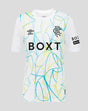 Junior Rangers FC 2026/27 goalkeeper shirt with white base and blue and yellow abstract pattern and crest.