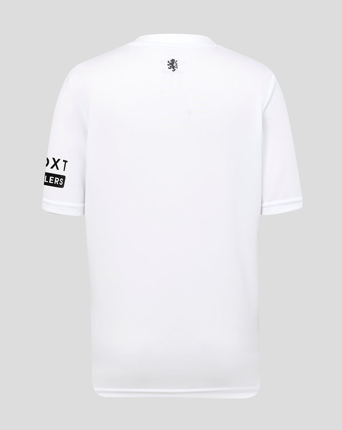 Back view of white Rangers junior home goalkeeper shirt with a small crest at the upper back near the collar