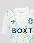 Front view of white Rangers junior home goalkeeper shirt with blue and yellow abstract print and BOX T sponsor