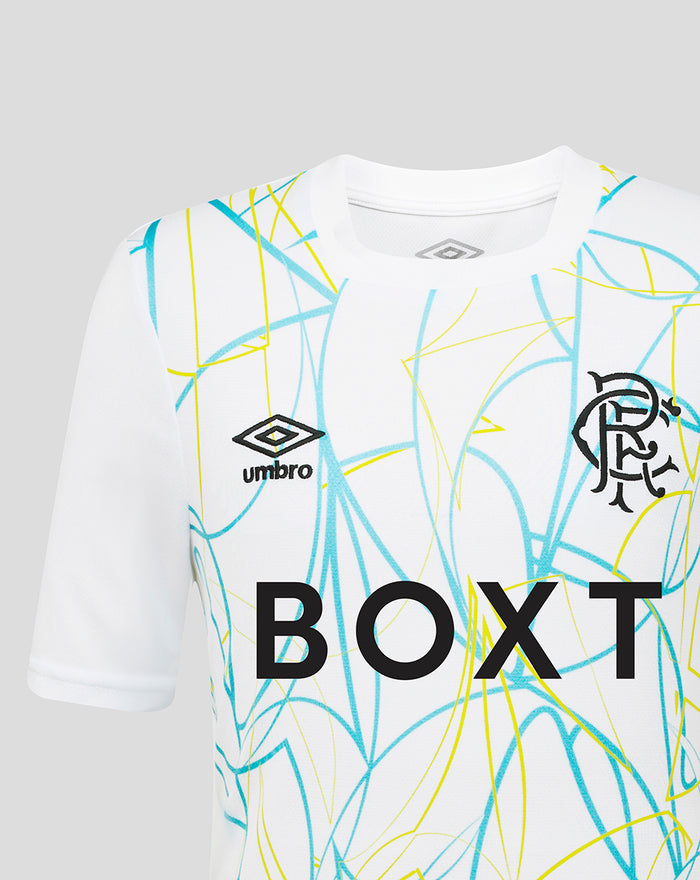 Front view of white Rangers junior home goalkeeper shirt with blue and yellow abstract print and BOX T sponsor