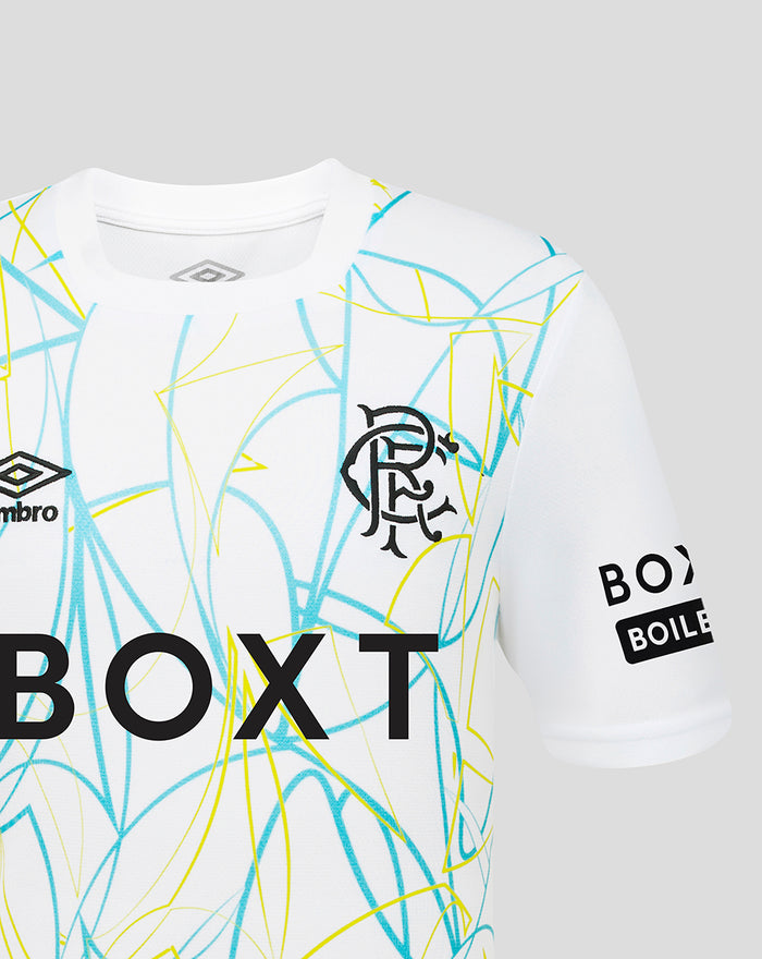 Close up of white Rangers junior goalkeeper shirt showing blue and yellow print Umbro logo and BOX T sponsor