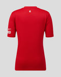 Rear view of a bright red Rangers FC junior away goalkeeper shirt with a small white crest near the neckline.