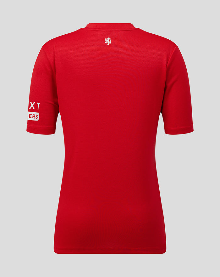 Rear view of a bright red Rangers FC junior away goalkeeper shirt with a small white crest near the neckline.