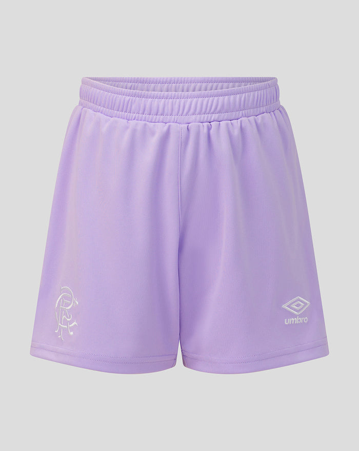 Back view of lilac Rangers junior third goalkeeper shorts with crest and Umbro logo