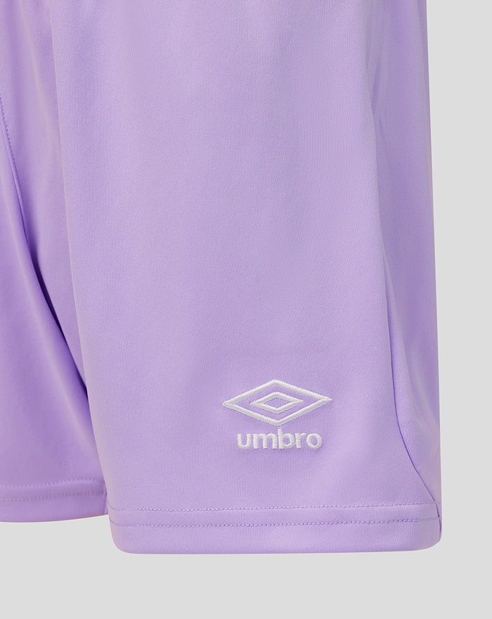 Lavender Rangers junior shorts close-up showing Umbro logo on the leg
