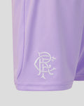 Lavender Rangers junior goalkeeper shorts close-up with white crest embroidery at the hem