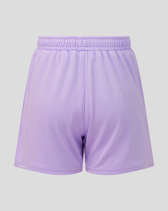 Back view of lilac Rangers junior goalkeeper shorts showing the elastic waistband and central seam