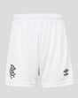 Front view of white Rangers junior goalkeeper shorts with club crest on left leg and Umbro logo on right leg.