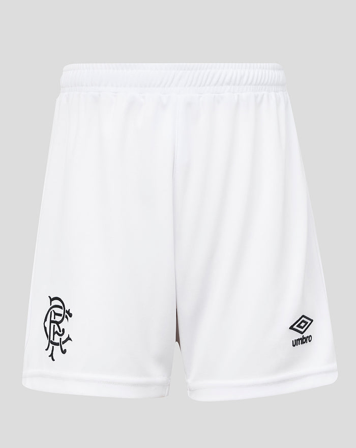 Front view of white Rangers junior goalkeeper shorts with club crest on left leg and Umbro logo on right leg.