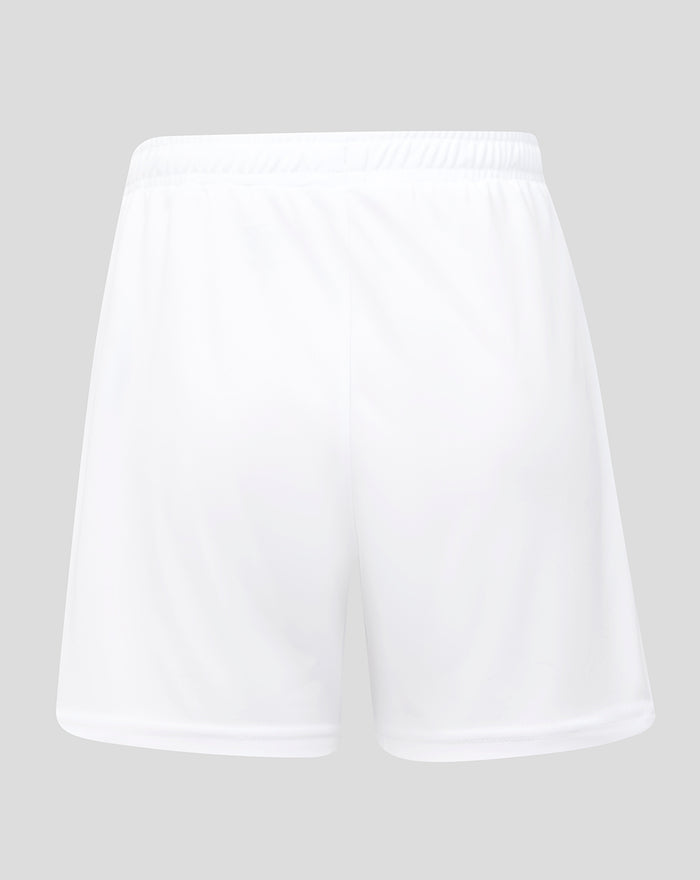 Back view of white Rangers junior goalkeeper shorts with a plain rear and elastic waistband.