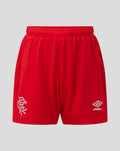 Red Rangers junior away goalkeeper shorts with white Rangers crest on left leg and Umbro logo on right.